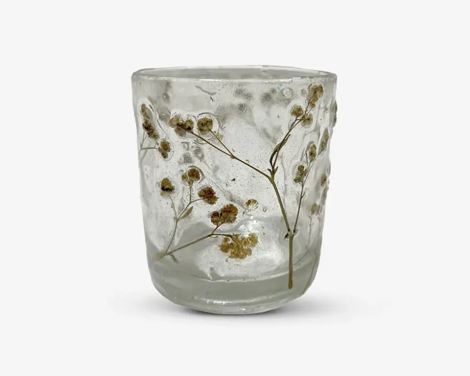 Fyrfadsstage glas m/blomster H.8 cm