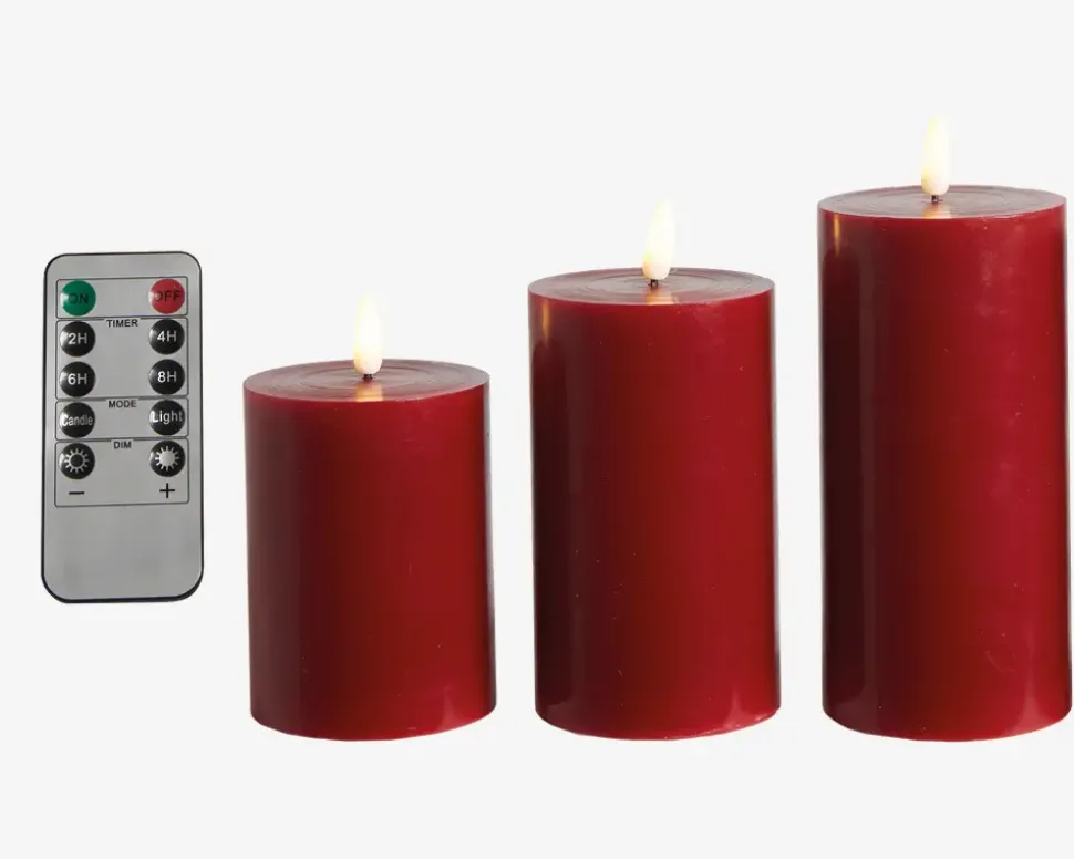 LED Bloklys Sæt 3Stk Rød Ø.7,5cm